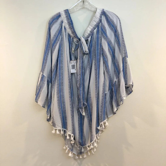 NWT Surf Gypsy Striped Off the Shoulder Tassle Hem Tie Back Bohemian Blouse M - Picture 6 of 9